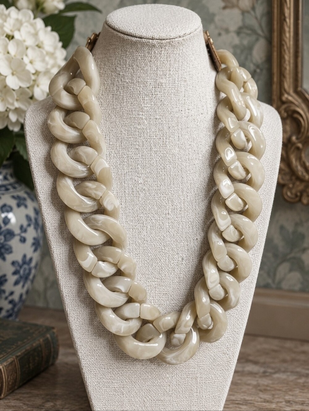 Pink Linen Brand Taupe Marbled Link Wet Looking Lucite Gold Tone Necklace NWT